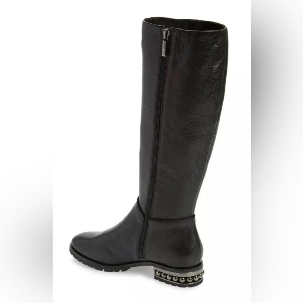 KARL LAGERFELD Seine Metal Pearl Embellished Knee-High Leather Boots Brown 8 - Picture 2 of 14